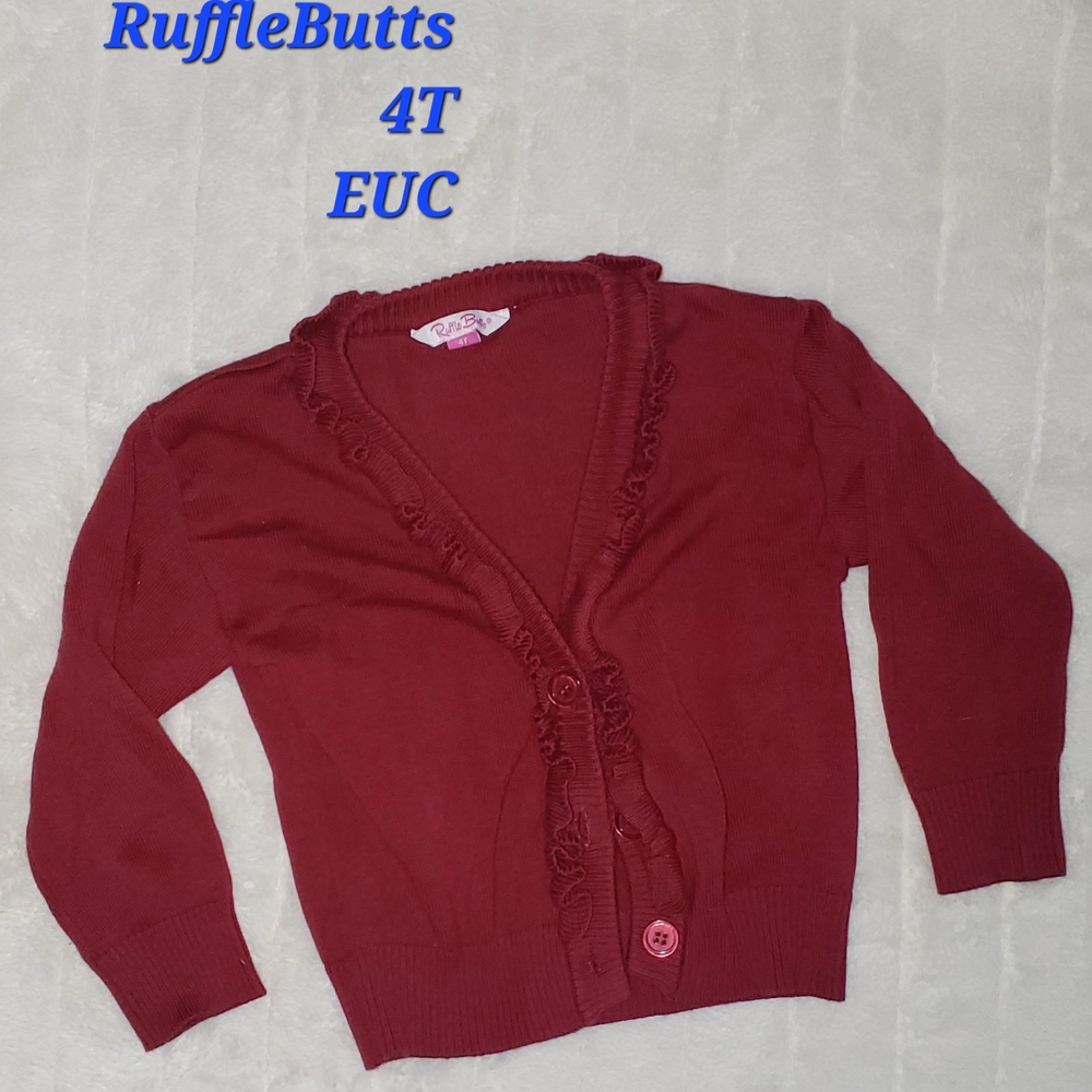 Ruffle Butts Red Cardigan Sweater with V-Neck and Ruffle Detail